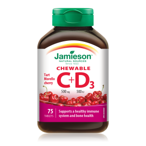 Jamieson Vitamin C+D žvečljive tablete z naravnim okusom češnje, s sladkorjem in sladili