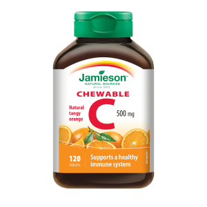 Jamieson Vitamin C 500 mg, žvečljive tablete z naravnim okusom pomaranče, s sladkorjem in sladilom